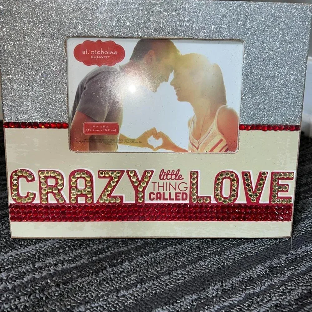 Rhinestone & glitter embellished 4x6 picture frame “crazy thing called love”